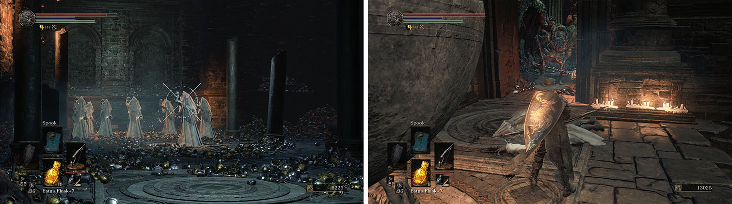 Pull the Jailer Handmaids with ranged attacks (left) and then retreat to the exit to fight off the Stone Gargoyles (right).