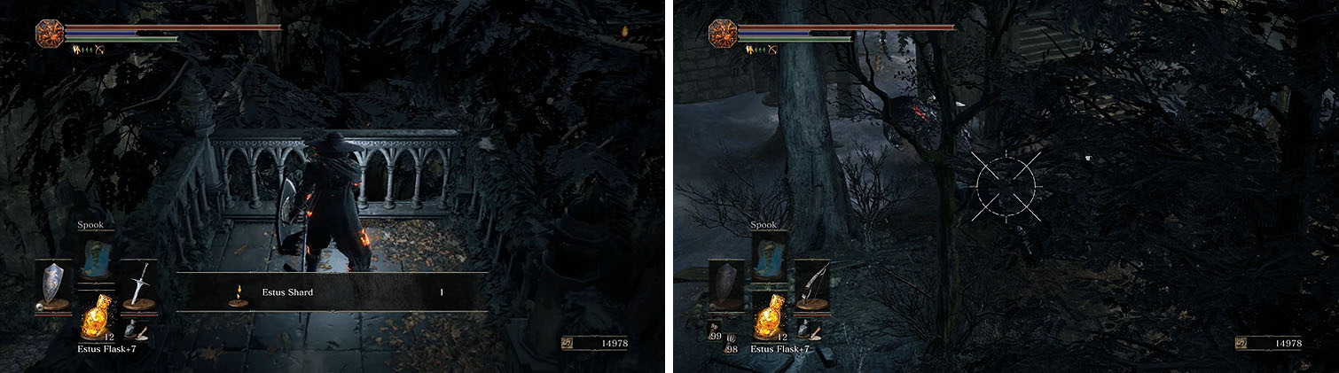 Hop off the lift to a balcony with the Estus Shard (left) and then shoot through the trees to draw over a Pus of Man (right).