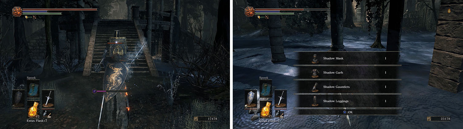 Lure the Cathedral Knight down the stairs (left) and then check beneath the platform for a handful of items (right).
