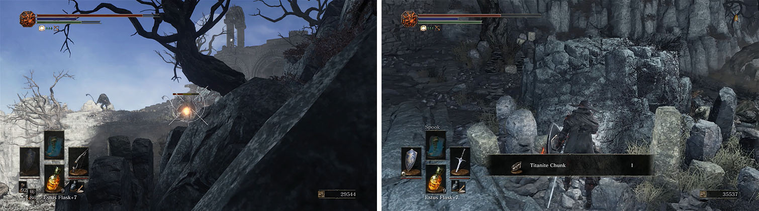 Attack the majority of the enemies up ahead with ranged attacks (left) and then collect the items near the bonfire (right).