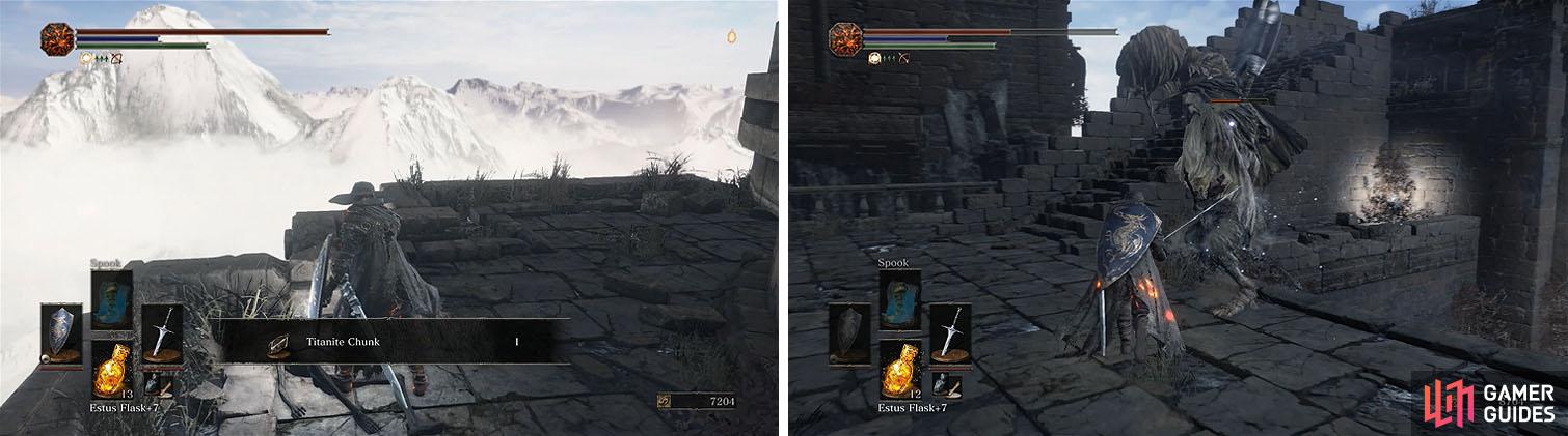 Head around the side of the gateway for a Titanite Chunk (left) and then make your way up the stairs to encounter a Large Serpent-man (right).