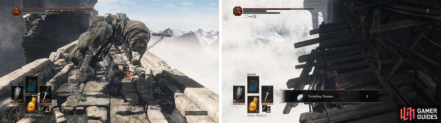 There is another Large Serpent-man on the bridge (left) and if you head back up the ladder you can get the Twinkling Titanite at the end (right).