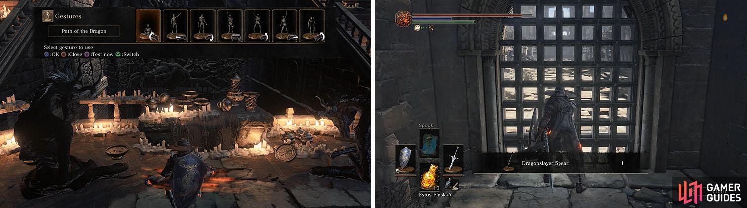 Use the Path of the Dragon gesture to obtain the Calamity Ring (left) and don't miss the Dragonslayer Spear as you leave the area (right).