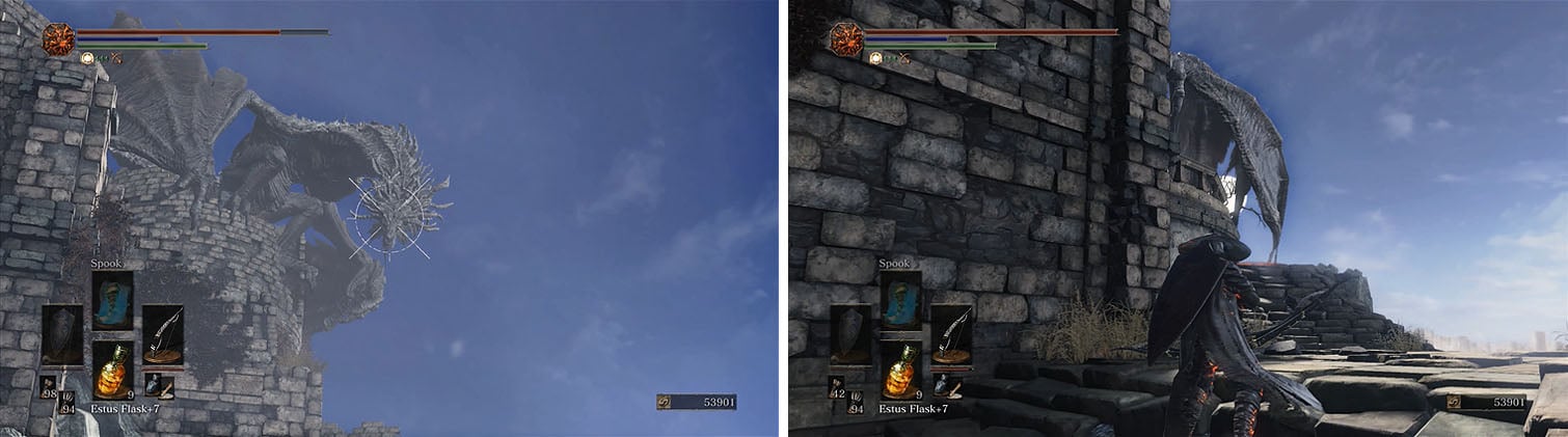 Use ranged attacks while the wyvern is on the tower (left) and when it swoops down you can fire on the wing of the wyvern (right).