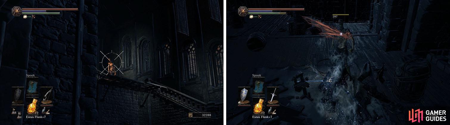 There are hollows preparing to throw firebombs down at you (left) and there are more hollows hiding in the shadows (right).