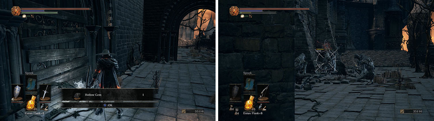 Drop off the rooftop to a ledge with the Hollow Gem (left) and then focus on the Storyteller around the corner first (right).
