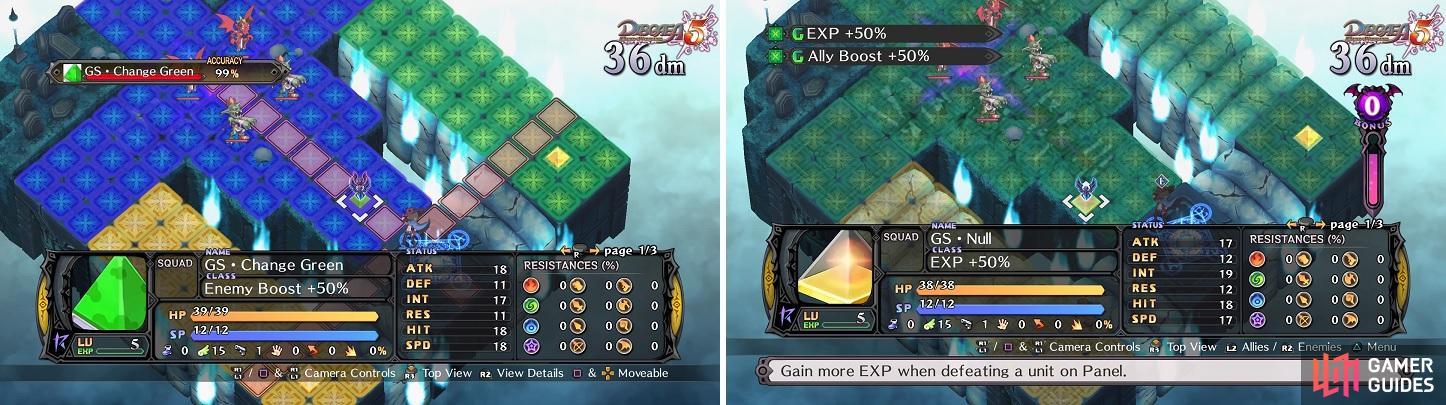 Destroy the Enemy Boost symbol (left), then toss the EXP +50% symbol onto the now green area (right) to make this a fairly decent map for leveling.
