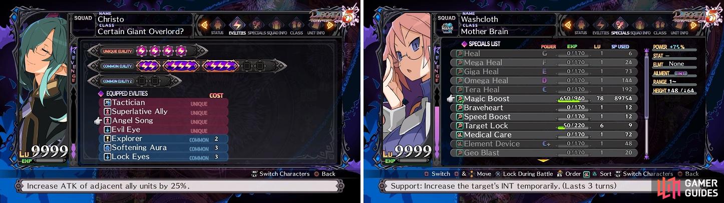 Angel Song is a necessity for all of your support characters (left). Your Professor's Magic Boost should be maxed out at the Skill Shop (right).