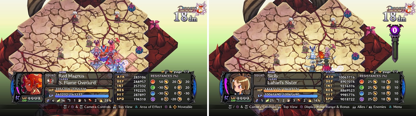 Licensed Caregiver allows you to use an item on five characters at once (left). If you have the DLC, Sicily makes the best tank character in the game (right).