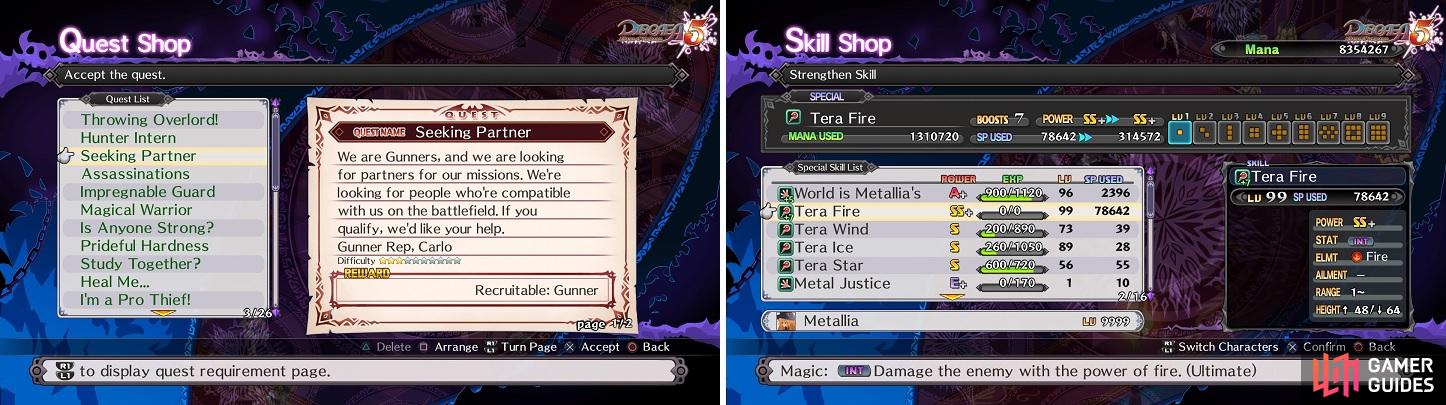 The biggest Quests to do will unlock new character classes (left). Be careful of upgrading a skills power too much, as the SP cost will be extremely high (right).