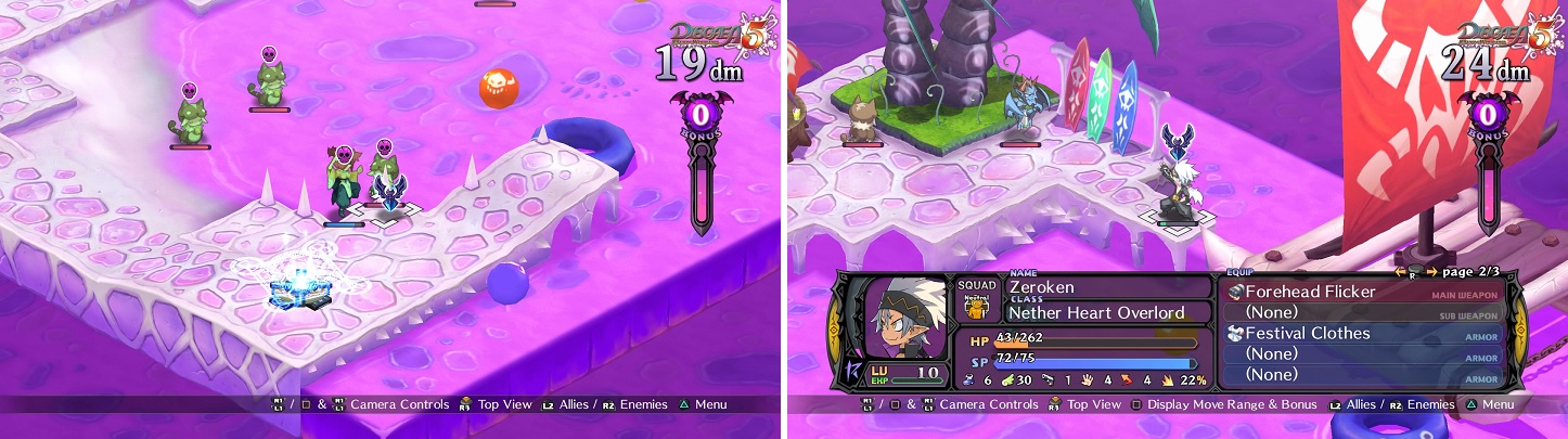 Unless they are flying units, both friends and foes will be poisoned by standing in the purple liquid (left). It's likely the neutral NPC here will take out a few enemies (right) before perishing himself.