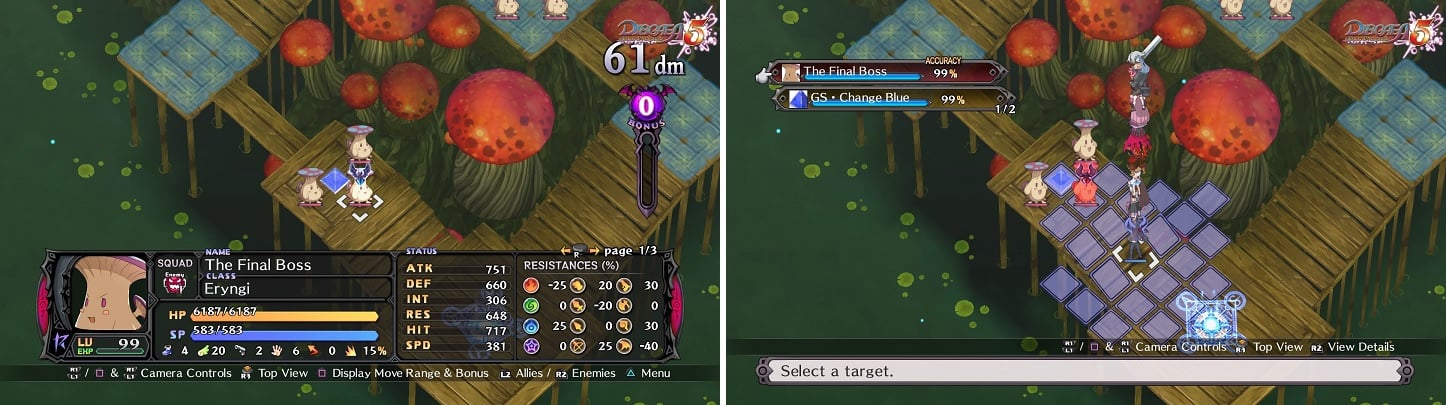 Level 99 enemies (left) give a lot of experience. You'll likely need to use Tower Attacks and skills to kill the enemies if you want to powerlevel (right).