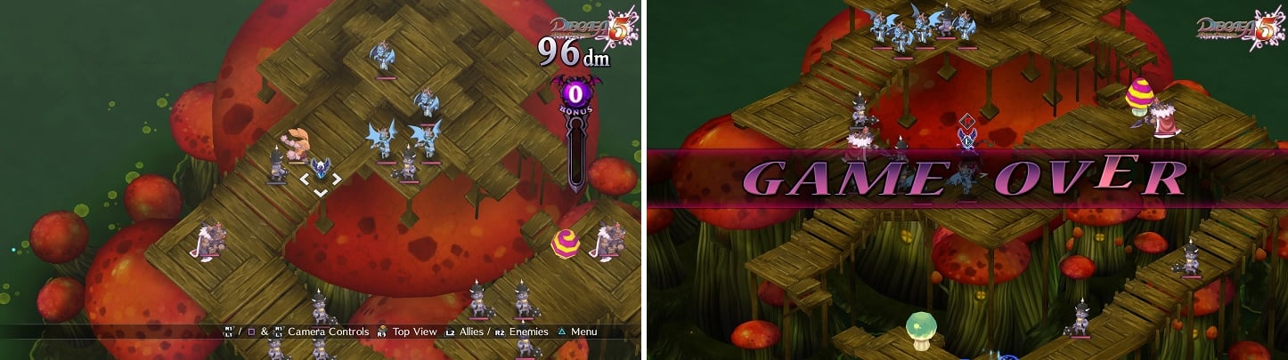 The neutral NPC is isolated at the top (left), with quite a few enemies. If she is killed, then you will get a Game Over (right).