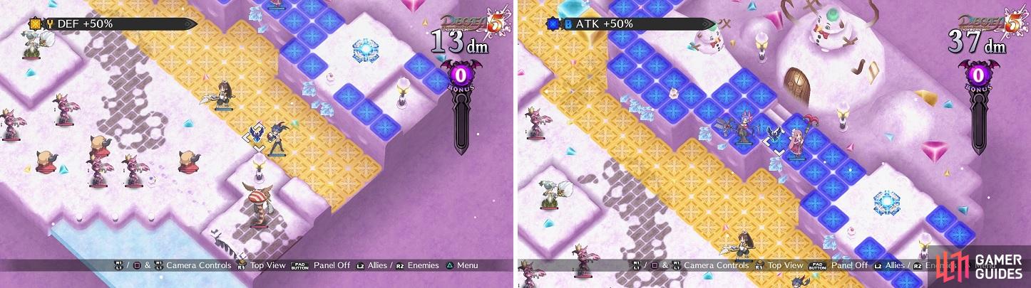 Melee characters should be using the DEF +50% panels (left), while ranged attackers should stand on the ATK +50% panels (right).