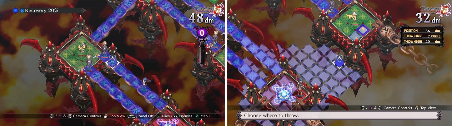 The lovely Armor Knights and their defensive nature return (left). You can toss a character to the Recovery symbol to get rid of it (right).