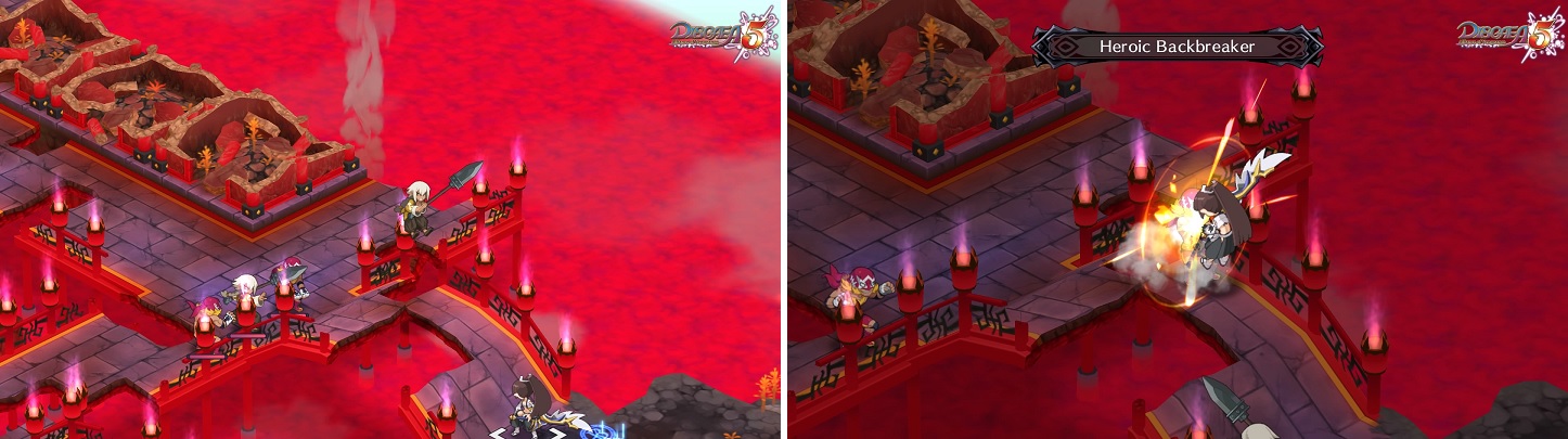 The Wrestlers will toss the other characters across the gaps (left). They also have a special move where they end up lifting your character (right).