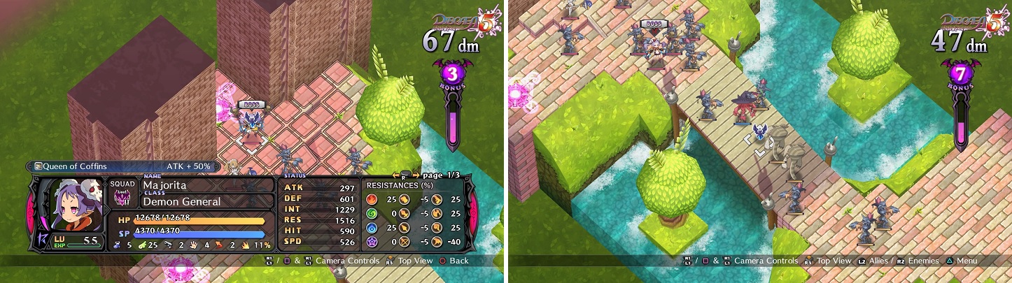 Majorita gets stronger as you kill more enemies (left). Her Overload also brings back all fallen enemies as neutral characters (right).