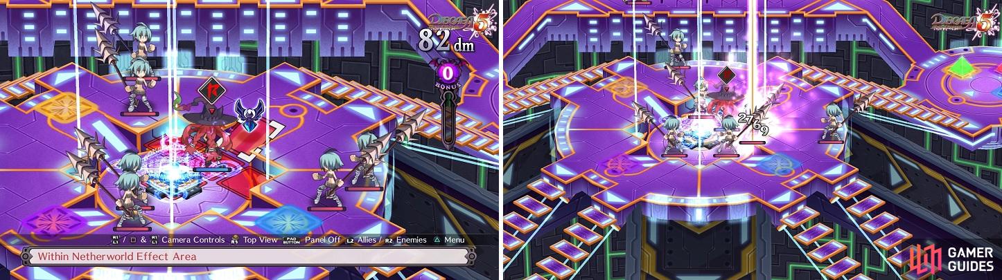 The Netherworld Effect in this battle will mark the ground first in red (left), then will rain lasers that do damage to friend and foe alike (right).