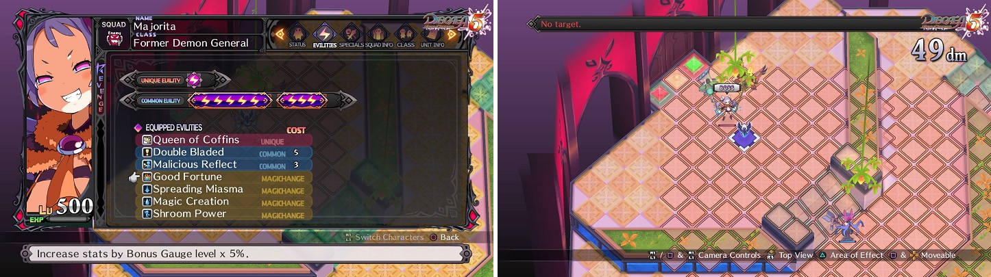 Majorita will have four extra Evilities, thanks to the Magichanged monsters (left). If you have a mage with a level 99 spell, they should be able to hit the Enemy Boost symbol (right) from the middle area.