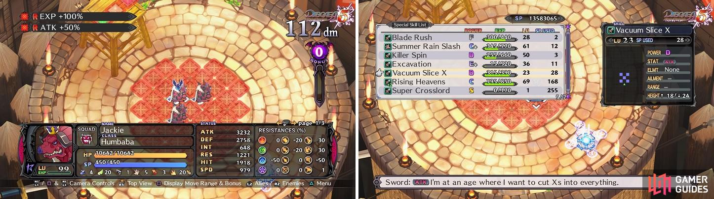 Level 99 enemies will give as much experience as level 320 enemies (left). Skills such as Vacuum Slice X can hit all of the enemies at once (right).