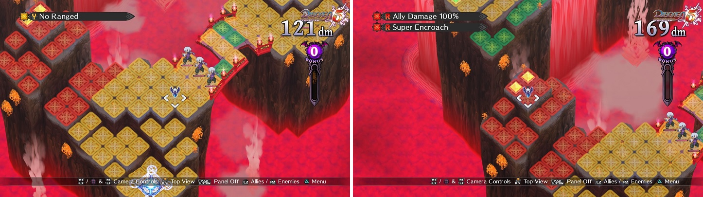 Ranged characters are not particularly useful on this map (left). Even more worrisome is the combined effects of Ally Damage and Super Encroach (right).
