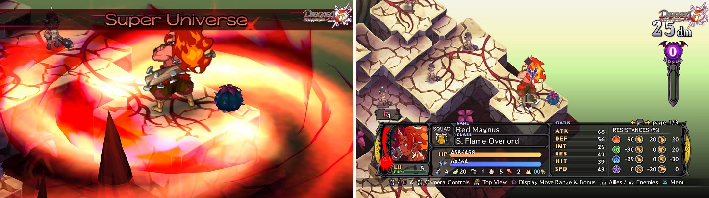 Overloads (left) are another important mechanic in Disgaea 5. Red Magnus is quite powerful in his Overload state (right), so avoid going near him.