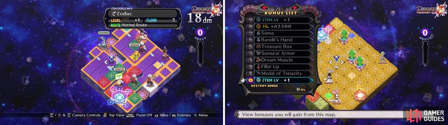 The layout for Item World (left) is completely random. You have to clear the stage in order to level the item now (right).