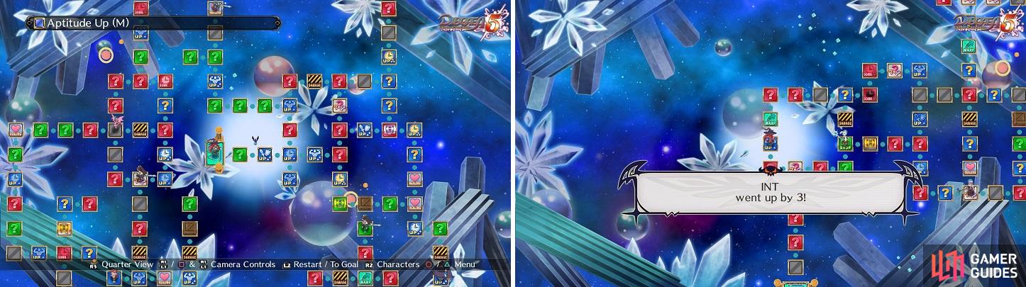 The difficulties affect the size of the board (left), as well as the stat gains from the various Event Panels (right).