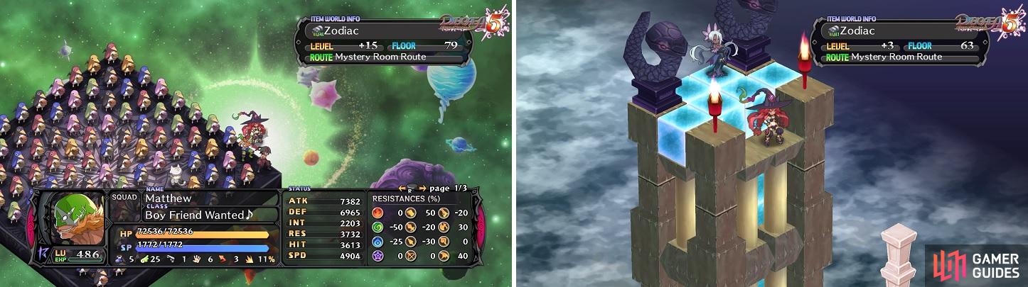 Thats certainly a lot of Prinnies (left). Climb to the top of the tower for a chance at duplicating the item youre currently inside (right).