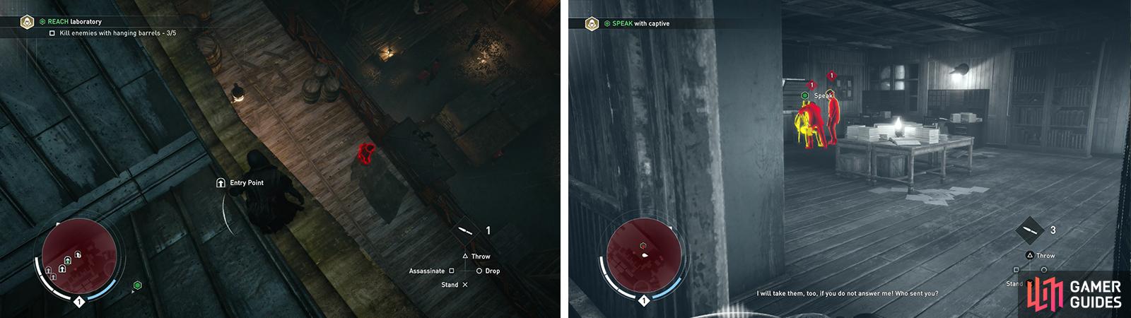 The easiest entry is via a balcony on the eastern side of the building (left). Find the target inside and kill his captors (right).