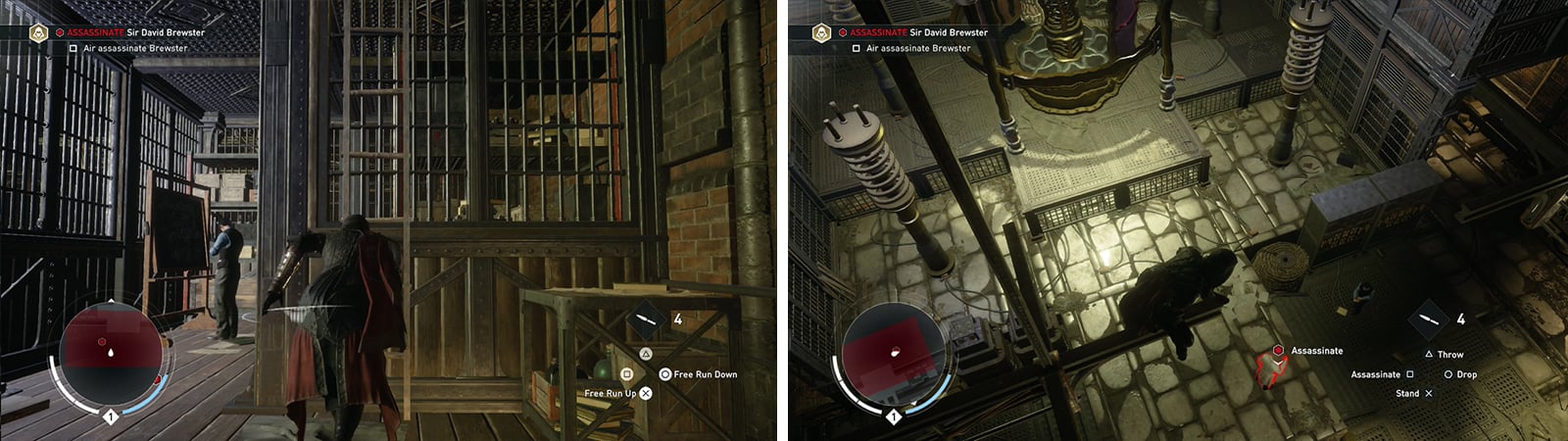 Climb to the top of the room (left) and air assassinate the target from one of the girders (right).