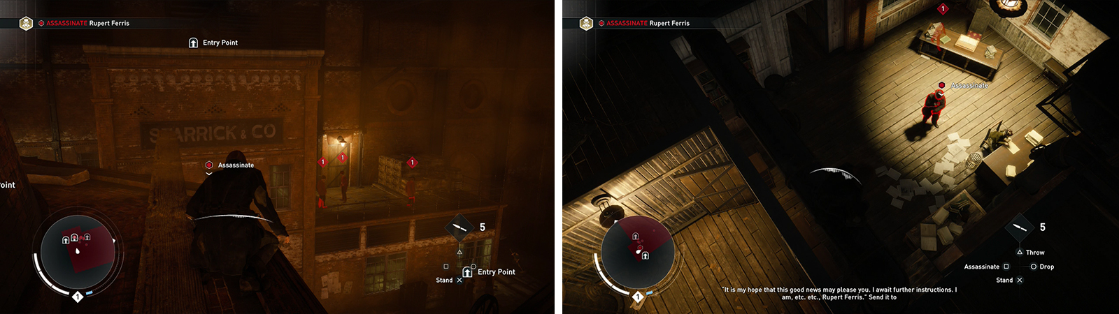 There are several entrances to the target's room (left), Entering from the top allows you to perform an air assassination (right).
