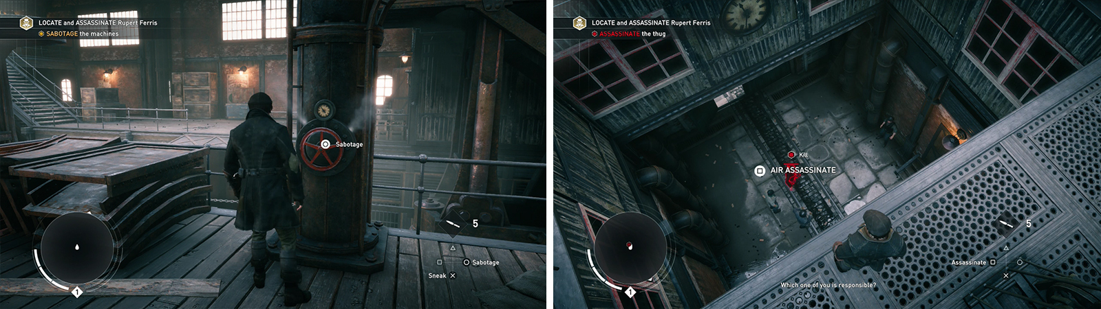 Disable the valves around the room (left). Air assassinate the guard that appears below (right).