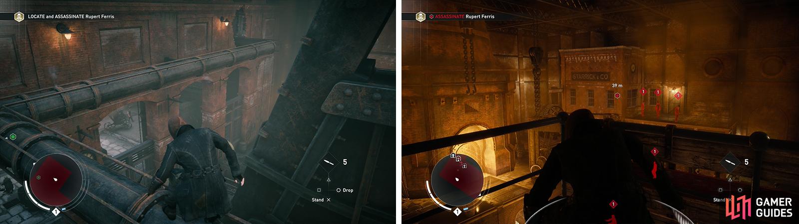 The pipe at the top of the room is the sneakiest way in (left). Keep moving through the foundry until you reach the room with the target (right).