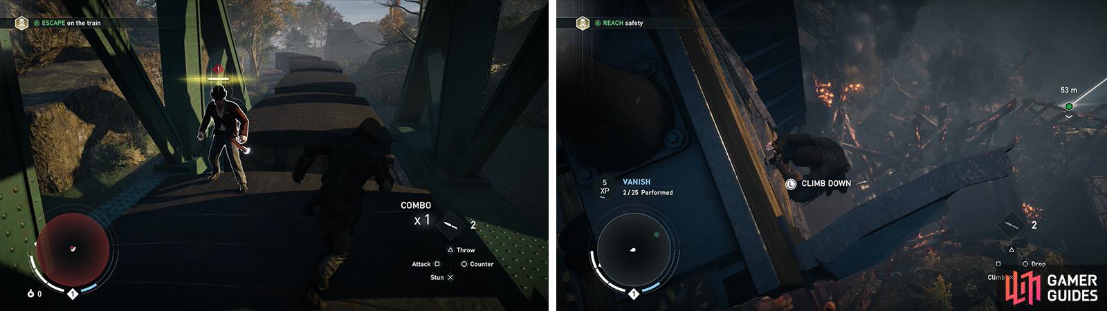 Fight off enemies on the train (left) and then climb down the wreckage (right).