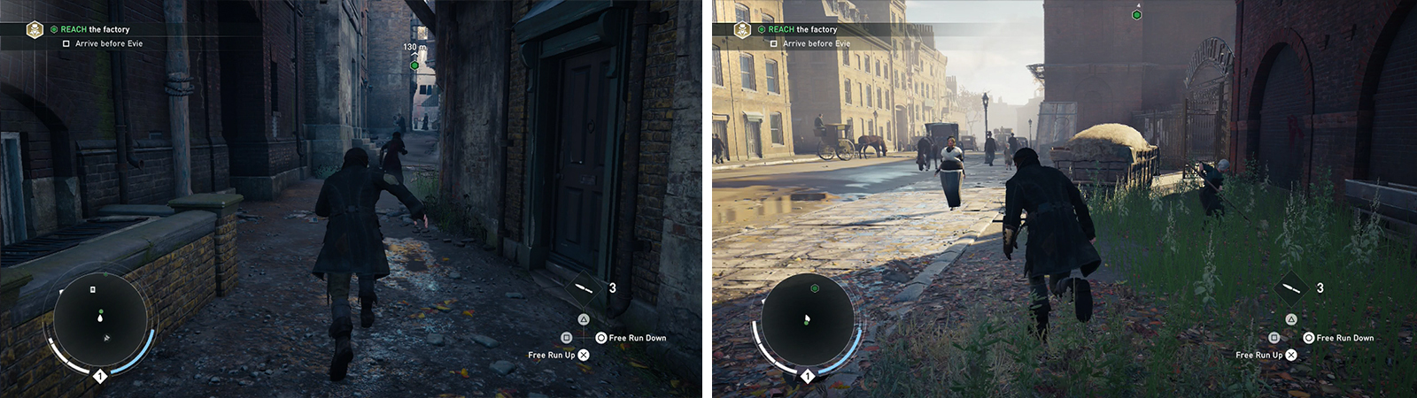 Race Evie to the next waypoint (left). Use the slanted flatbed pictured to take a shortcut up the target building (right).