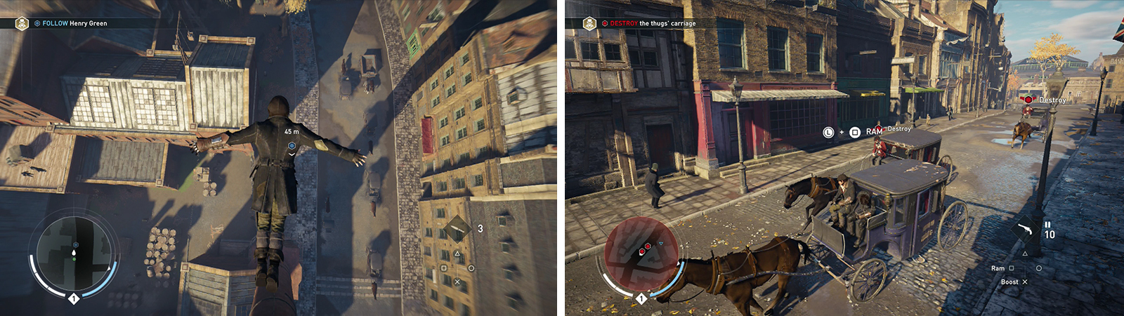 After syncronising dive into the haystack below (left). During the ensuing cart chase practice your vehicle combat to deal with pursuers (right).