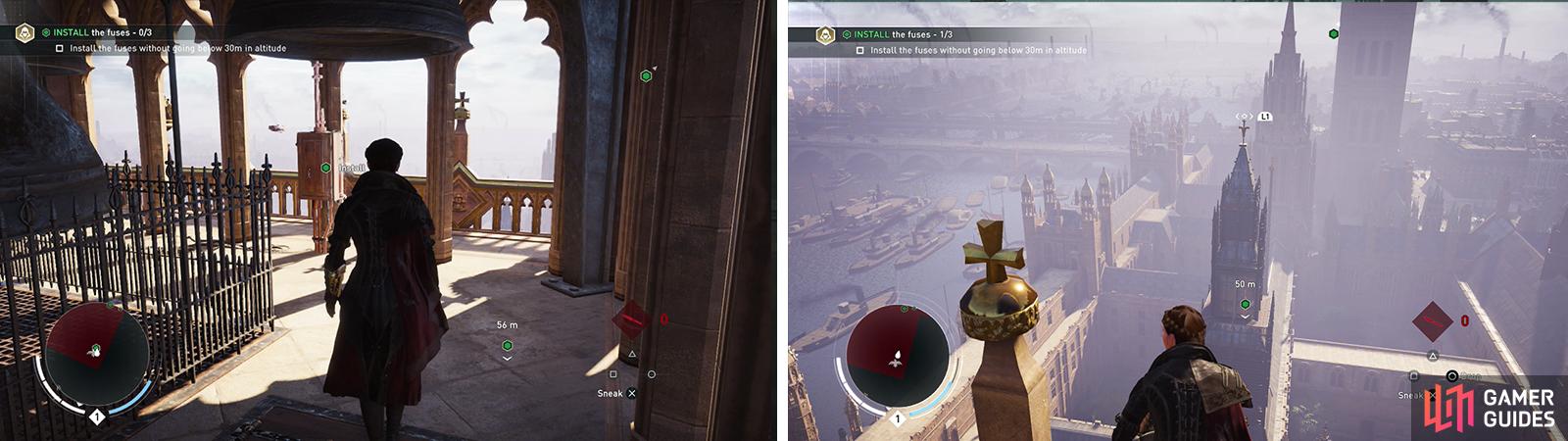 You'll need to disable three fuses (left). Use the rope launcher between the spires to stay above 30 meters (right).