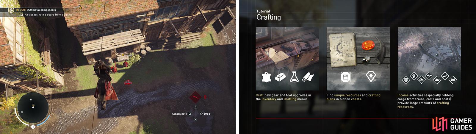 Be sure to air assassinate an enemy from the zip line (left). Use the crafting menu to upgrade the Smoke Bombs (right).