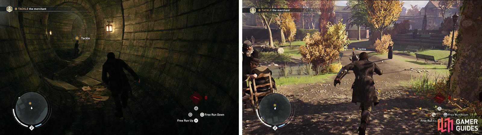 Chase the target through the sewer (left) and tackle him when you catch him in the park (right).