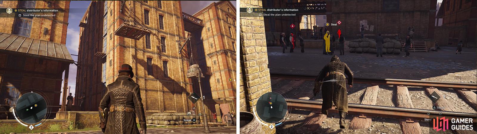 Run through the side alley (left). Sneak up and pickpocket the plans from the target (right).