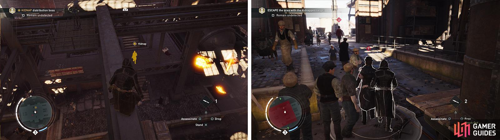 Use Eagle Vision to locate the target (left). Once you have kidnapped him, escort him out of the factory (right).
