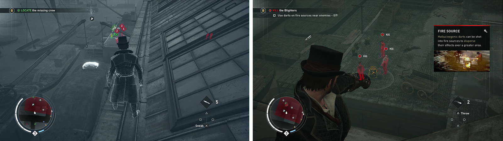 Use Eagle vision to identify the targets (left). Use the darts to affect the enemies (right).