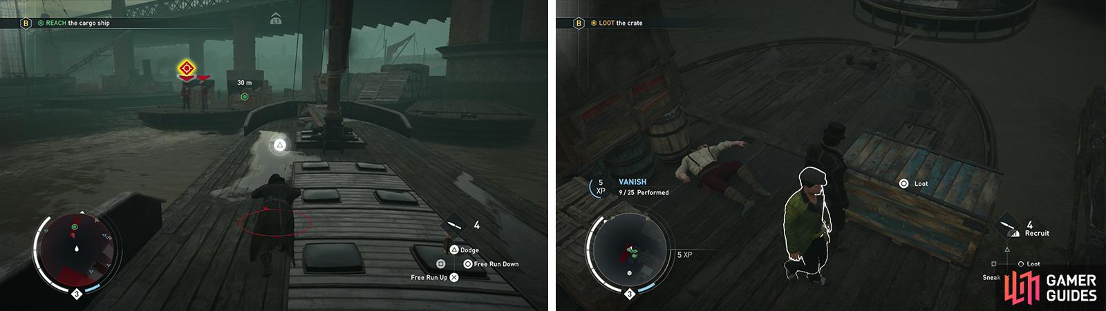 Chase the boat along the docks (left). Kill those aboard before looting the chest (right).