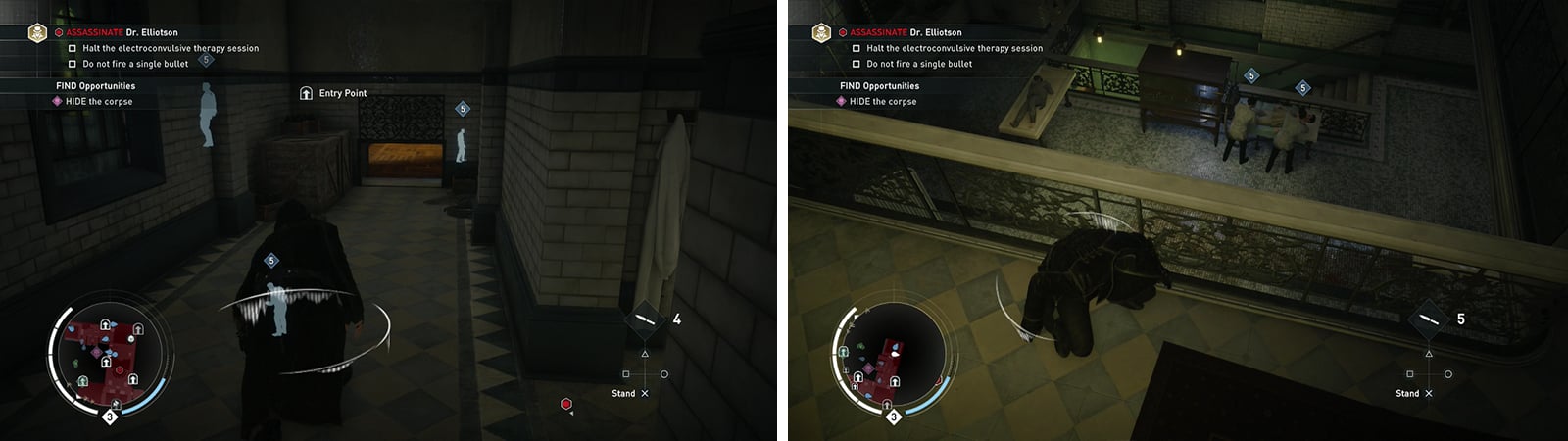 Go through the open grating near the view point (left). At the end of the hallway, assassinate the pair of doctors electrifying the patient (right).