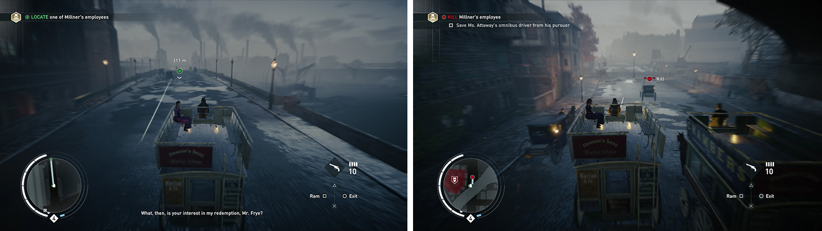 Cross the bridge (left) and then take out the hostile carriage attacking the onmnibus (right).