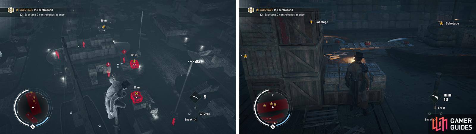 We need to destroy the contraband (left). After clearing the guards, place the explosive crates as such (right) to destroy two at once for the optional objective.