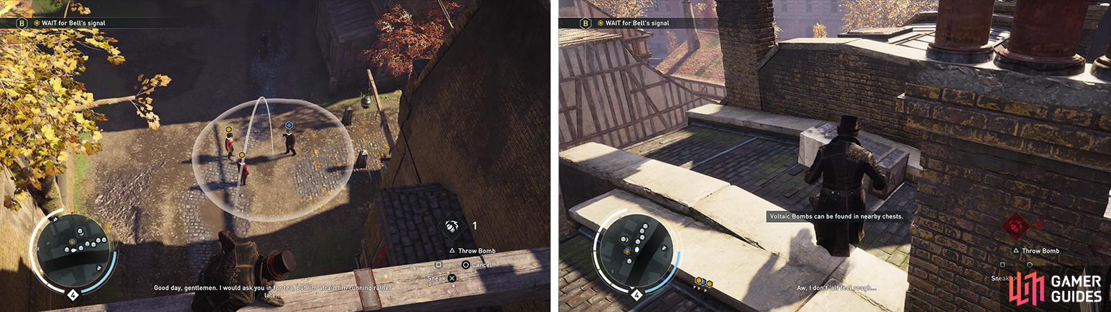 Hit the Thugs with voltaic bombs when prompted (left) and be sure to loot some rooftop chests for additional ammo (right).