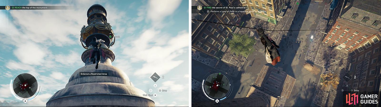 After climbing to the top of the monument (left), use a zipline to perform a leap of faith into a haystack below (right) for the optional objective.