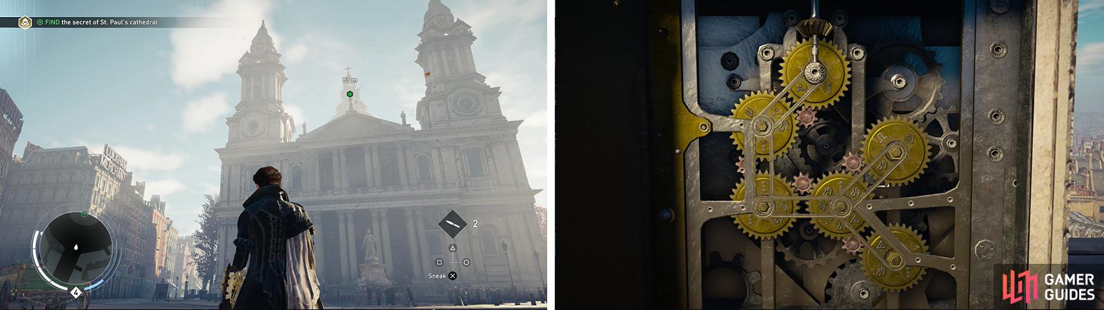 Climb to the top of St. Paul's (left) to locate a puzzle. Rotate the gears until you reach the solution pictured (right).